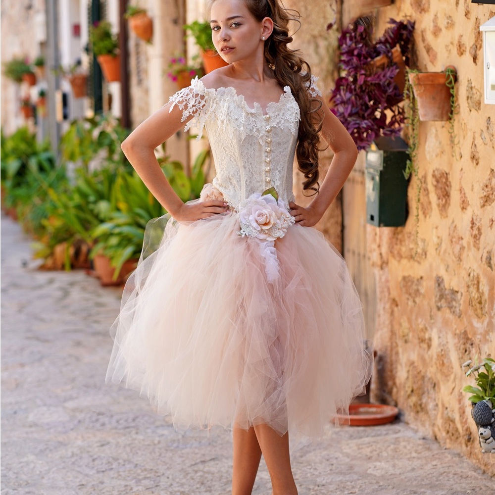 Bridal Corset & Tulle Skirt Set Ivory Blush Lace Wedding Dress